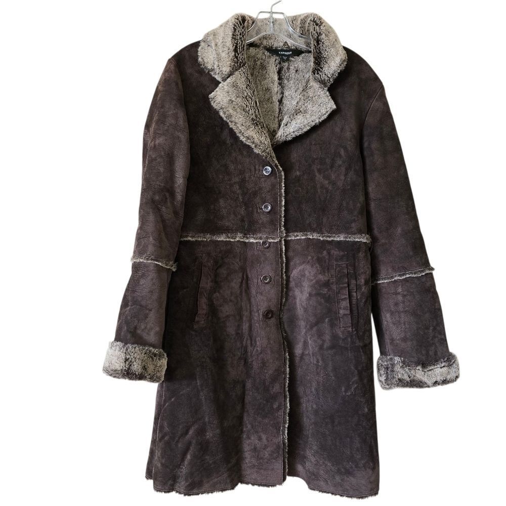 Express Leather Patchwork Faux Sherpa lined Penny Lane‎ long coat Size M Y2K Vtg